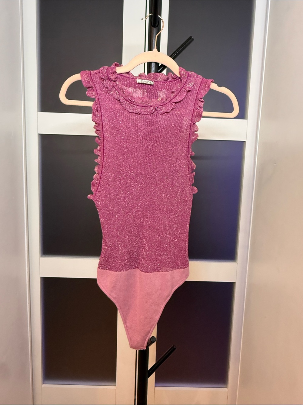 Free People, Ruffled Metallic Sleeveless Knit Bodysuit, Plum/Pink, size Medium